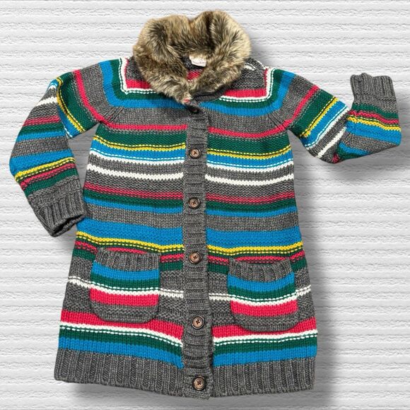 Hanna Andersson Knit Sweater Coat Faux Fur Collar Gray Multi Stripe 130 (8–10) - Picture 1 of 8